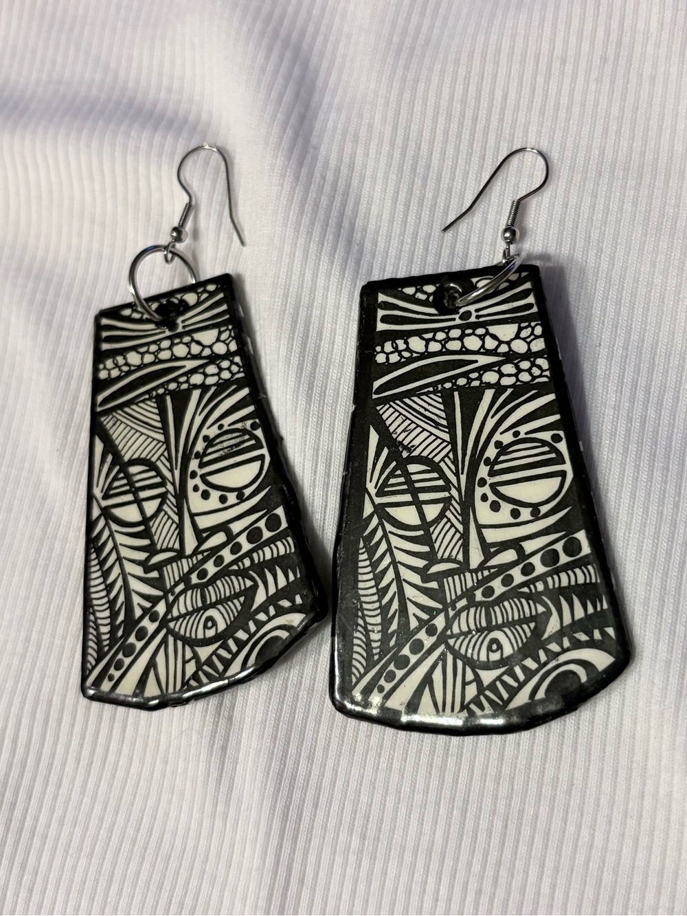 Handcrafted Black & White Tribal Pattern Drop Earrings